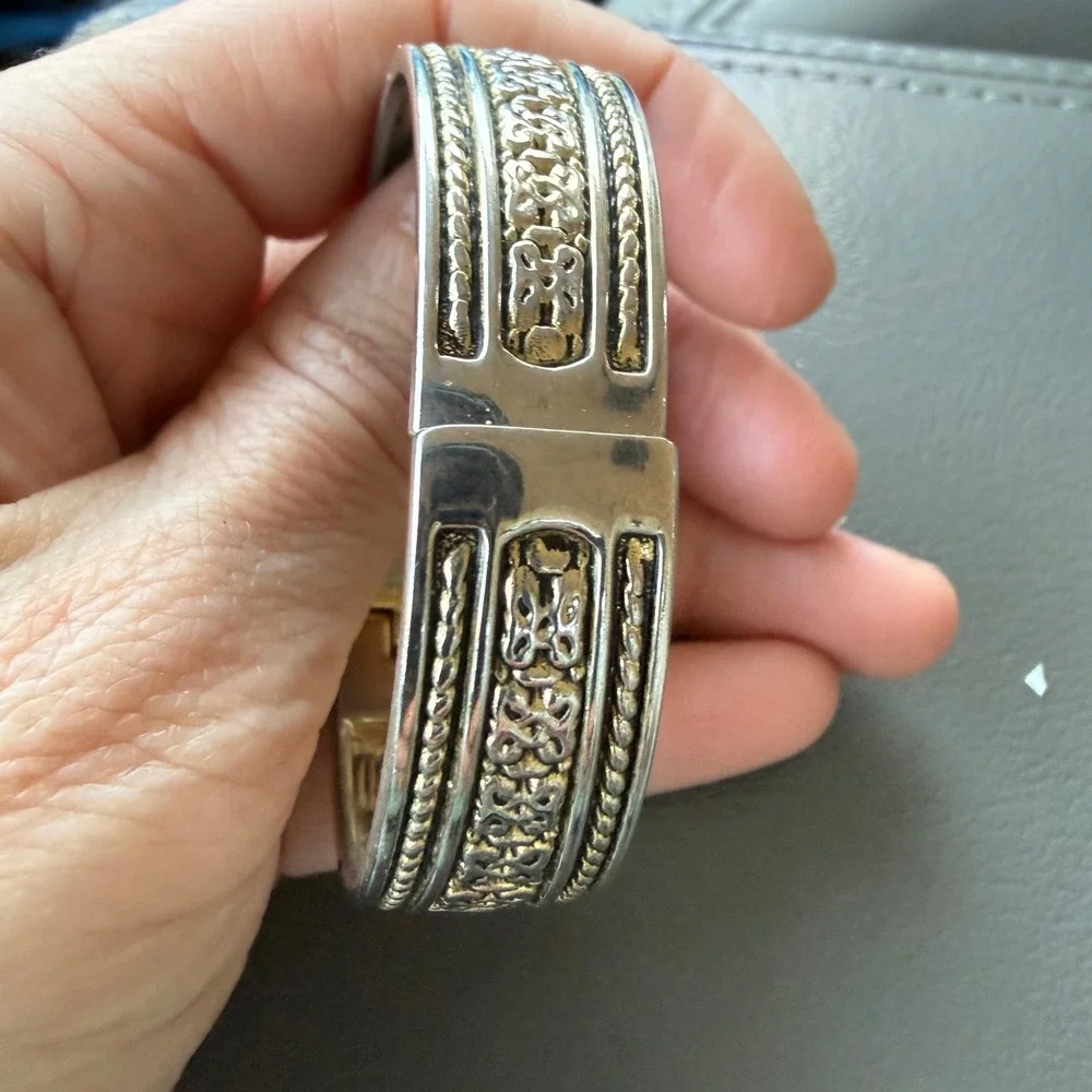 Avenue Womens Two Tone Quartz Cuff Bangle Watch Ornate Celtic Scrollwork Works
